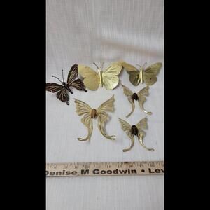 Vintage Metal Winged Gold Painted Butterfly Wall Hangings Wooden Center Set of 6
